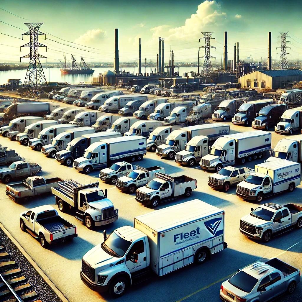 » Velasquez Auto Repair and Towing Service A fleet services of various vehicles, including trucks, vans, and service vehicles, is parked in a well-organized lot. The iconic Louisiana landscape is visible, blending industrial elements with natural features like bayous and trees. The image conveys professionalism, efficiency, and teamwork, emphasizing smooth fleet management without any truck over water.