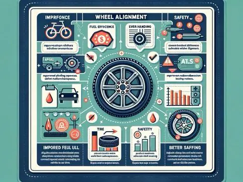 Diagram showing the benefits of wheel alignment, including fuel efficiency, even tire wear, and improved handling. Avoid Suspension repair.