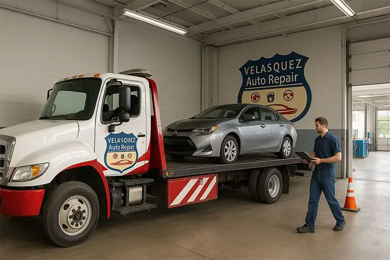 Tow truck arriving at Velasquez Auto Repair shop in Baton Rouge