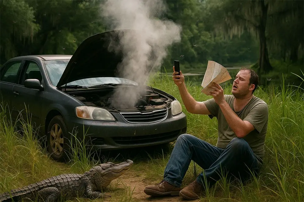 Sweaty Louisiana driver stranded in a swampy backroad, steam coming from car engine, with a curious alligator nearby.