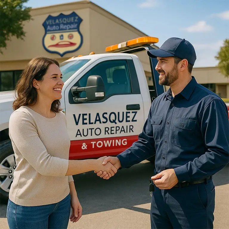 Smiling customer receiving car from Velasquez Auto tow truck driver in Baton Rouge