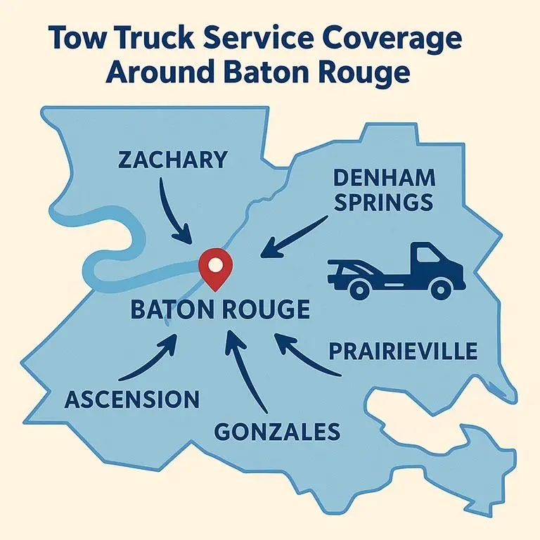 Map of Baton Rouge with nearby towns and parishes served by Velasquez Auto